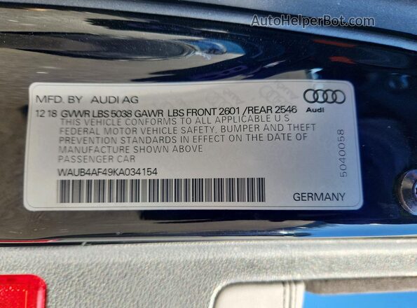 WAUB4AF49KA034154 2019 AUDI S4 Black 