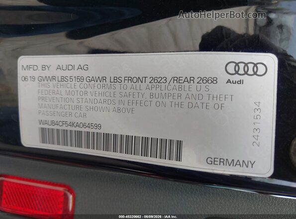 WAUB4CF54KA064599 2019 AUDI S5 Black Vista del compartimento del motor