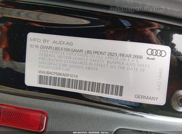WAUB4CF58KA091014 2019 AUDI S5 Black Vista del compartimento del motor