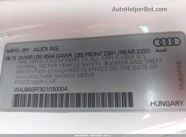 WAUB8GFF3G1030004 2016 AUDI A3 White Widok komory silnika
