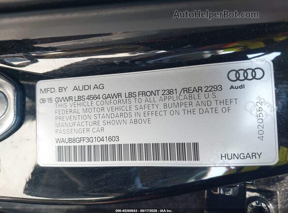 WAUB8GFF3G1041603 2016 AUDI A3 Black ძრავის განყოფილების ხედი