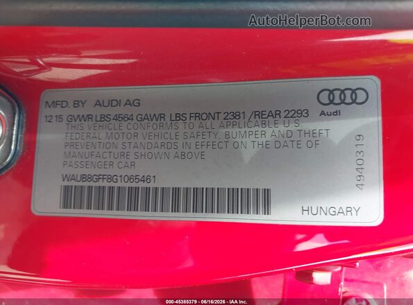 WAUB8GFF8G1065461 2016 AUDI A3 Red Շարժիչի բաժամունքի տեսք