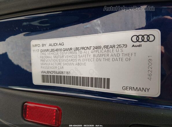 WAUBNCF59JA061161 2018 AUDI A5 Blue Engine compartment view