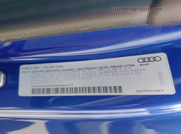 WAUC4AFH9HN000417 2017 AUDI S5 Blue ძრავის განყოფილების ხედი