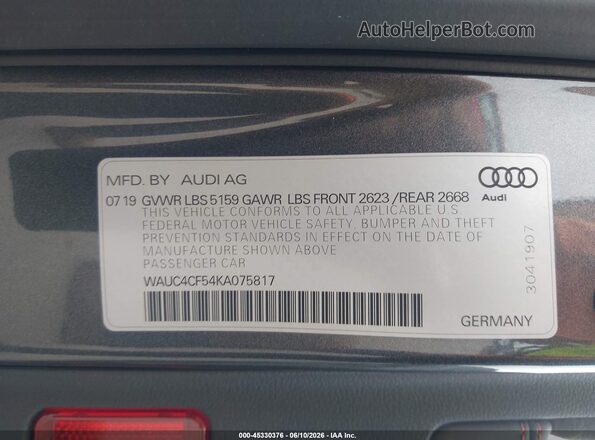 WAUC4CF54KA075817 2019 AUDI S5 Gray Вид підкапотного простору