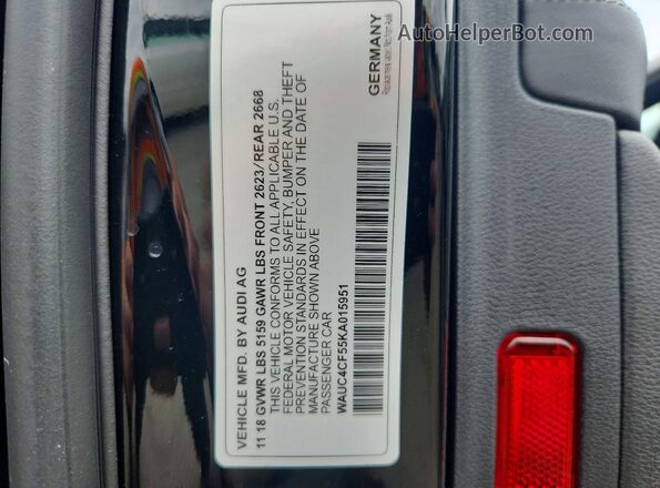 WAUC4CF55KA015951 2019 AUDI S5 Черный Вид наклейки с VIN-кодом