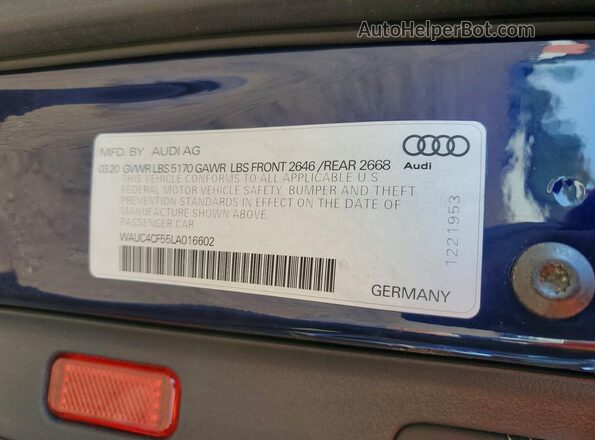 WAUC4CF55LA016602 2020 AUDI S5 Blue Engine compartment view