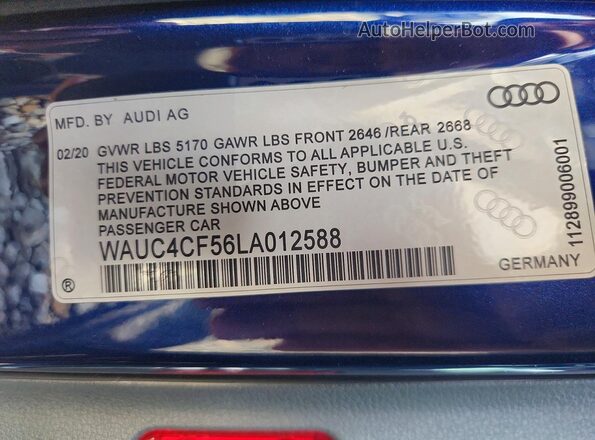 WAUC4CF56LA012588 2020 AUDI S5 Blue VIN sticker view