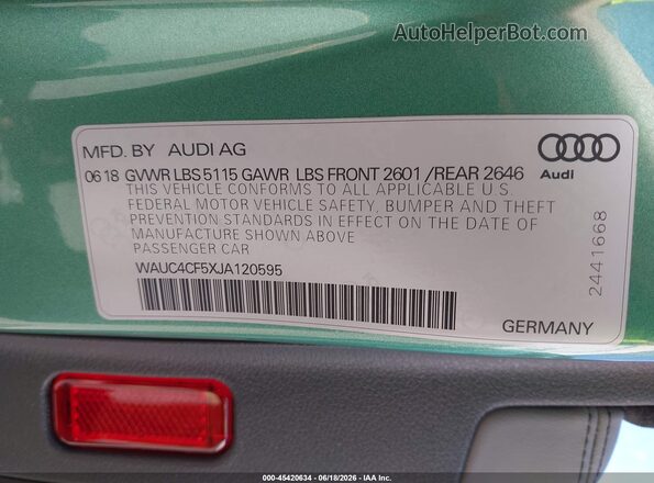 WAUC4CF5XJA120595 2018 AUDI S5 Green Widok komory silnika