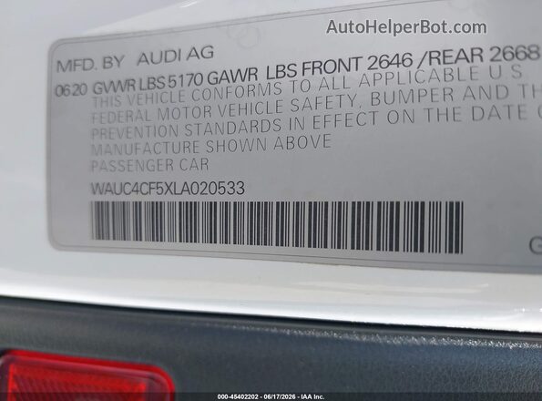 WAUC4CF5XLA020533 2020 AUDI S5 White ძრავის განყოფილების ხედი