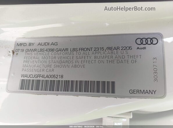 WAUCUGFF4LA005218 2020 AUDI A3 White ძრავის განყოფილების ხედი