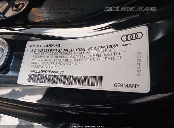 WAUD2AFH2HN004173 2017 AUDI OTHER Black ძრავის განყოფილების ხედი