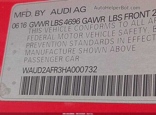 WAUD2AFR3HA000732 2017 AUDI A5 Red Vista del compartimento del motor