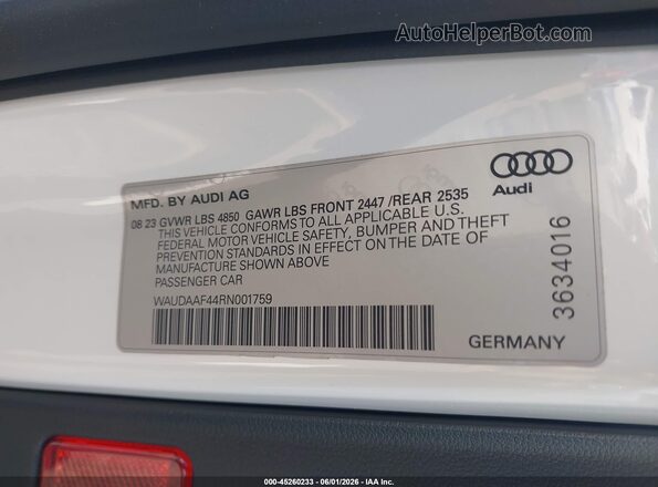 WAUDAAF44RN001759 2024 AUDI A4 White Engine compartment view