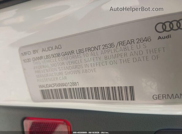 WAUDACF56MA012881 2021 AUDI OTHER White ძრავის განყოფილების ხედი