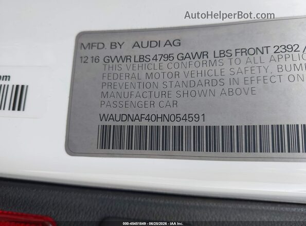 WAUDNAF40HN054591 2017 AUDI A4 White Widok komory silnika
