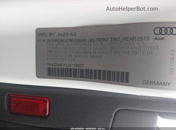 WAUDNAF41JA118327 2018 AUDI A4 White Engine compartment view