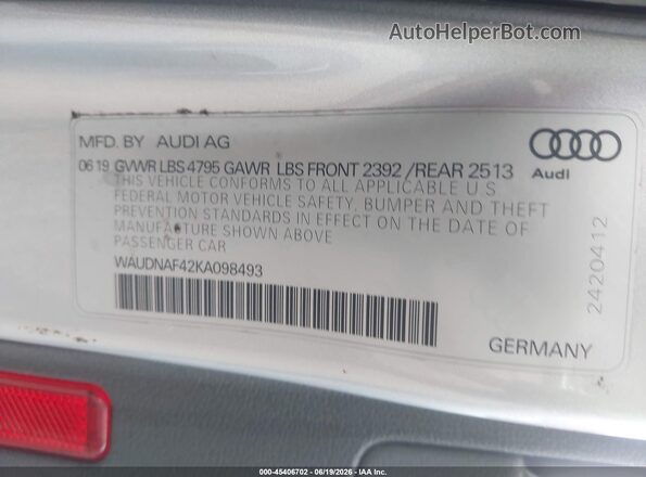 WAUDNAF42KA098493 2019 AUDI A4 Серебряный 