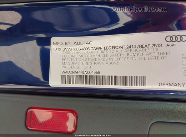 WAUDNAF44LN004558 2020 AUDI A4 Blue Widok komory silnika