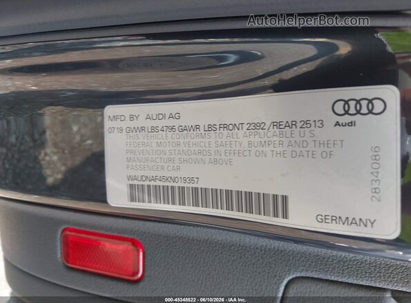 WAUDNAF45KN019357 2019 AUDI A4 Gray Вид підкапотного простору