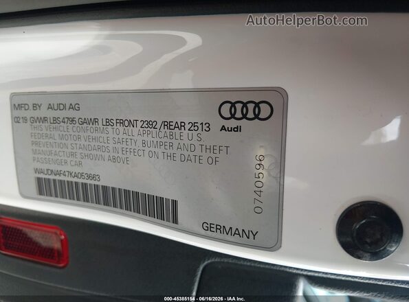 WAUDNAF47KA053663 2019 AUDI OTHER White Engine compartment view