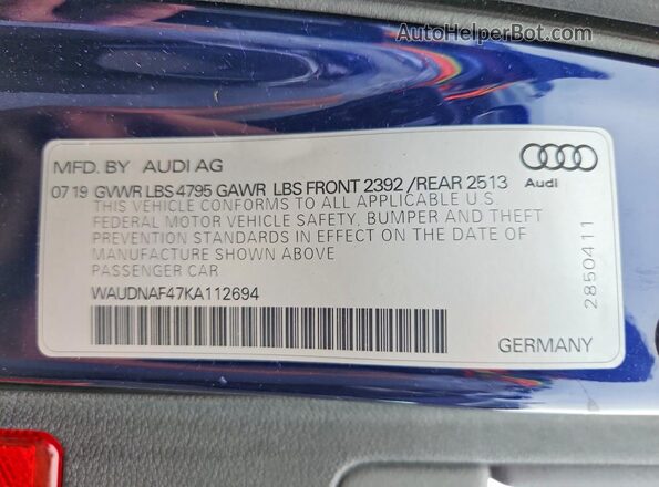 WAUDNAF47KA112694 2019 AUDI A4 Blue VIN კოდის სტიკერის ხედი