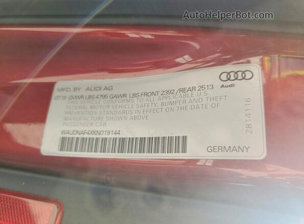 WAUDNAF4XKN019144 2019 AUDI A4 Red VIN կոդի պիտակի տեսք