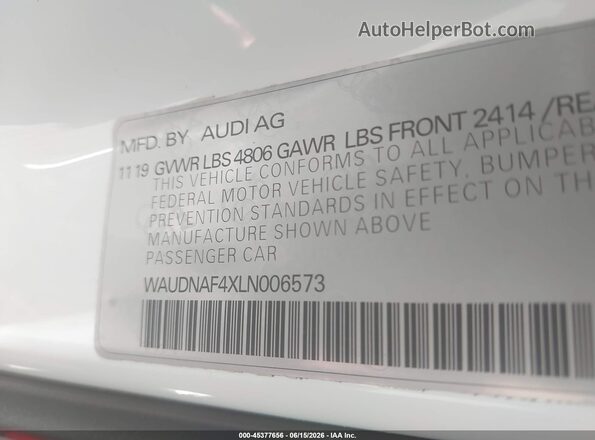 WAUDNAF4XLN006573 2020 AUDI OTHER White Вид підкапотного простору