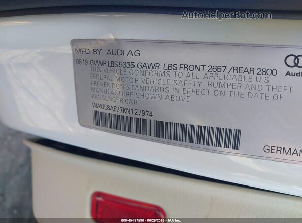 WAUE8AF27KN127974 2019 AUDI A6 White Widok komory silnika