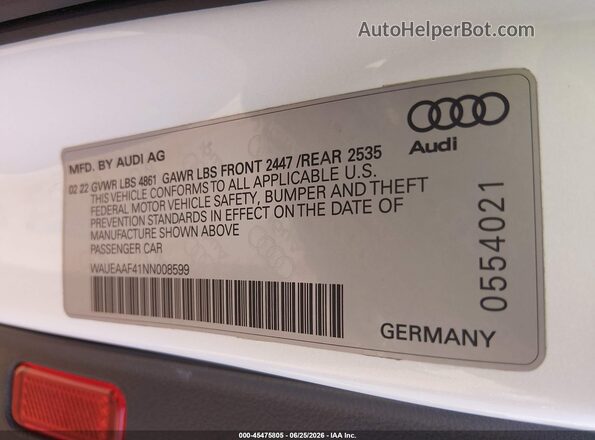 WAUEAAF41NN008599 2022 AUDI A4 White ძრავის განყოფილების ხედი