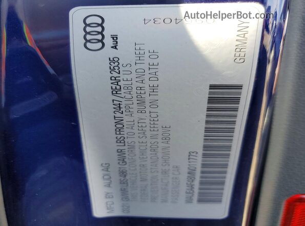 WAUEAAF48MN011773 2021 AUDI A4 Blue Вид підкапотного простору