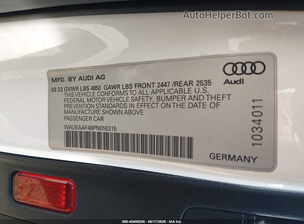 WAUEAAF48PN016315 2023 AUDI A4 White Engine compartment view