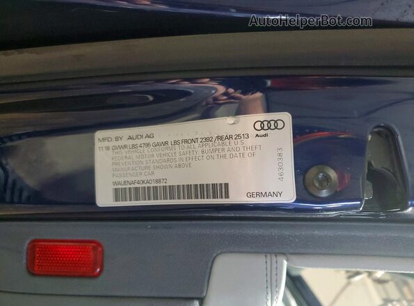 WAUENAF40KA018872 2019 AUDI A4 Blue Շարժիչի բաժամունքի տեսք