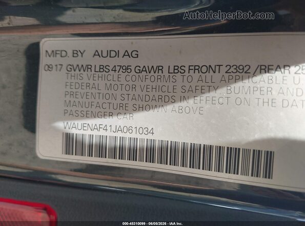 WAUENAF41JA061034 2018 AUDI OTHER Gray ძრავის განყოფილების ხედი