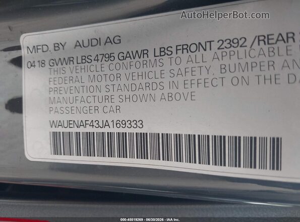 WAUENAF43JA169333 2018 AUDI A4 Gray Engine compartment view