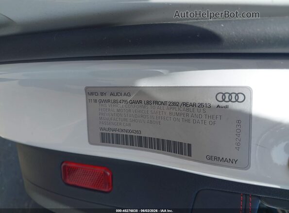 WAUENAF43KN004263 2019 AUDI A4 Белый Вид подкапотного пространства
