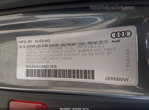 WAUENAF43KN011875 2019 AUDI OTHER Gray ძრავის განყოფილების ხედი