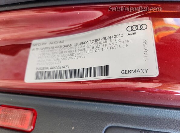 WAUENAF44KA081473 2019 AUDI A4 Red Вид підкапотного простору