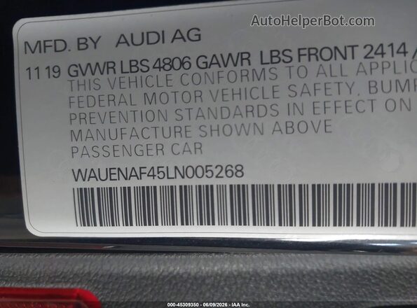 WAUENAF45LN005268 2020 AUDI A4 Black Вид підкапотного простору
