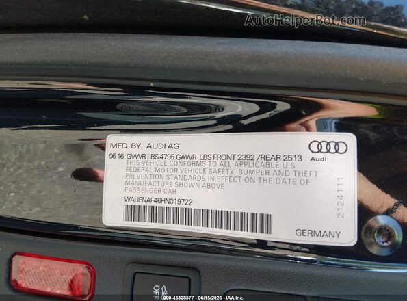 WAUENAF46HN019722 2017 AUDI OTHER Black Вид підкапотного простору