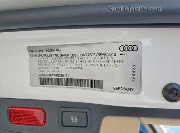 WAUENAF47HN036481 2017 AUDI A4 White Vista de la etiqueta del VIN