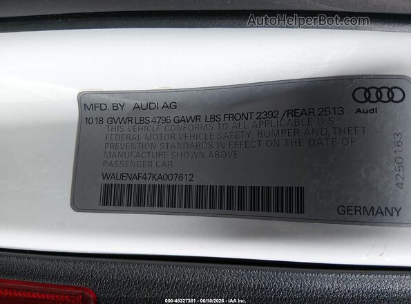 WAUENAF47KA007612 2019 AUDI A4 White Engine compartment view