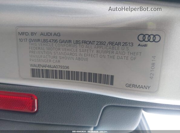 WAUENAF48JA079336 2018 AUDI A4 Серебряный Вид подкапотного пространства