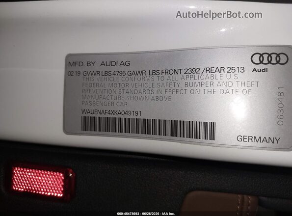 WAUENAF4XKA049191 2019 AUDI A4 White Вид підкапотного простору