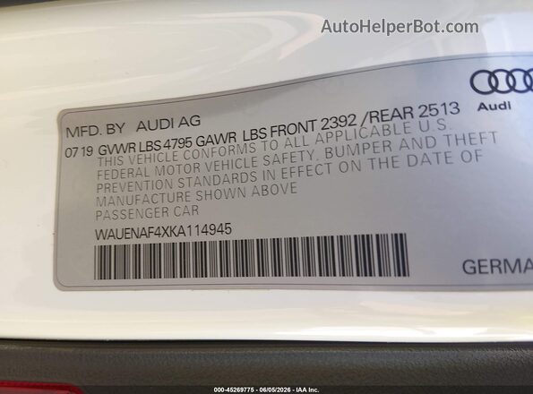 WAUENAF4XKA114945 2019 AUDI OTHER White Вид підкапотного простору