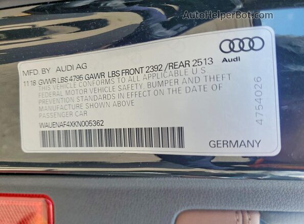 WAUENAF4XKN005362 2019 AUDI A4 Black Вид підкапотного простору