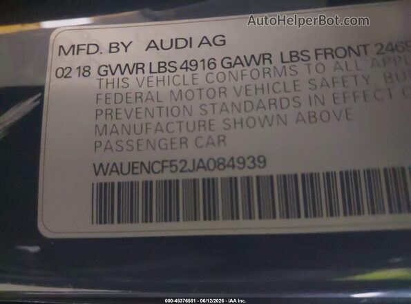 WAUENCF52JA084939 2018 AUDI A5 Dark Blue Շարժիչի բաժամունքի տեսք