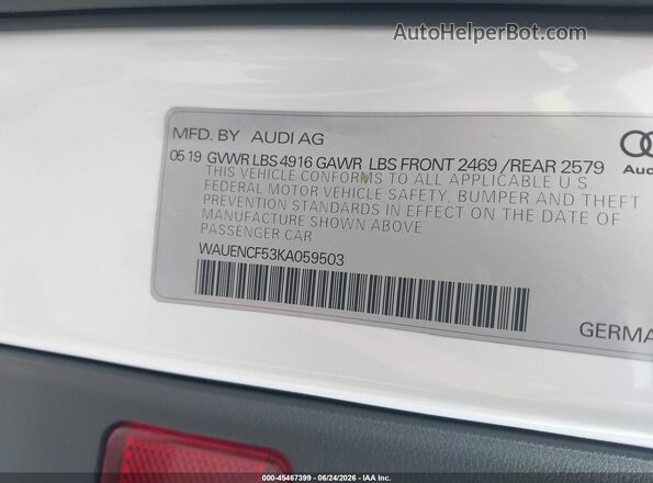 WAUENCF53KA059503 2019 AUDI A5 White Widok komory silnika