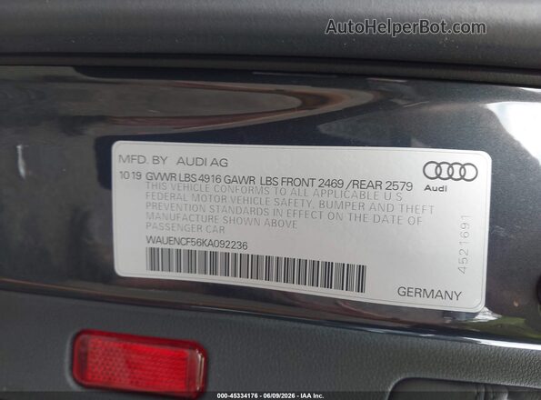 WAUENCF56KA092236 2019 AUDI A5 Gray Vista del compartimento del motor