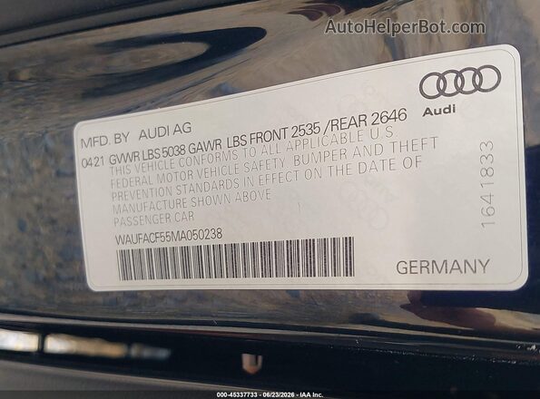 WAUFACF55MA050238 2021 AUDI OTHER Black Շարժիչի բաժամունքի տեսք